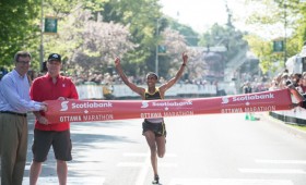 Ethiopian marathoner crossing the finish line