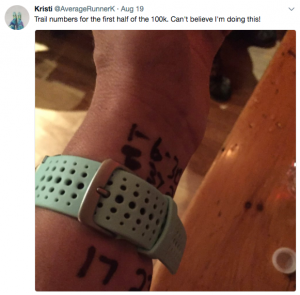Kristi counts the kilometres on her wrist
